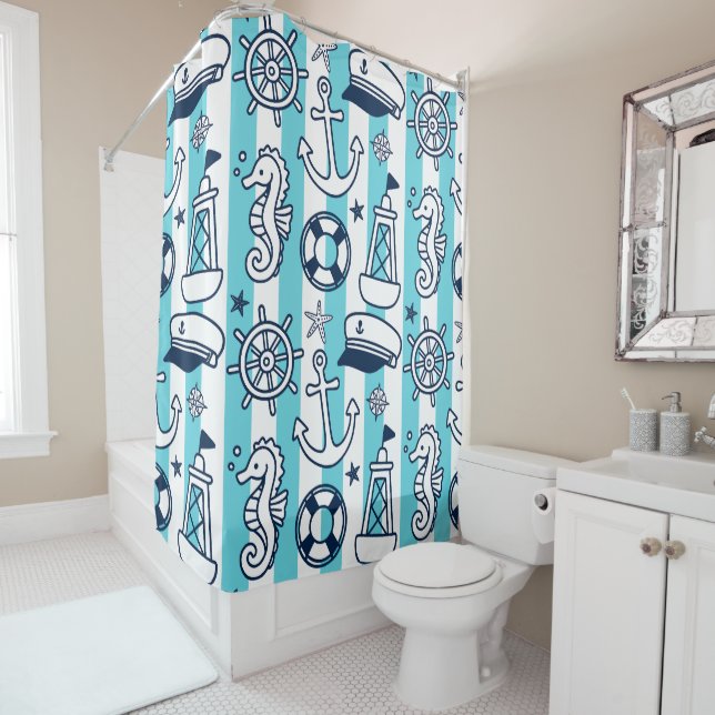 Cortina De Ducha Doodle Náuticos – Franja Costera Turquesa y Azul M (In situ)