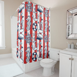 Cortina De Ducha Doodle Náuticos – Raya Costera Roja y Azul