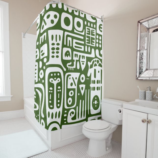 Cortina De Ducha Doodle verde oceánico y blanco 2 de 4 (In situ)