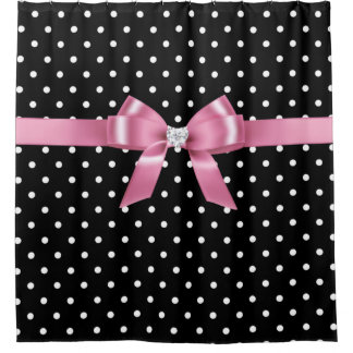 Cortina De Ducha Dots de Polka Glam Pink Bow-White - Negro