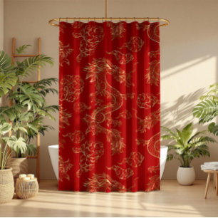 Cortina De Ducha Dragón chino con tono de oro y rojo