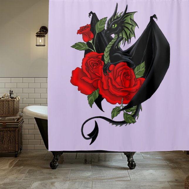 Cortina De Ducha Dragón Negro Místico Rosas Rojas Lavanda Gótico (Subido por el creador)