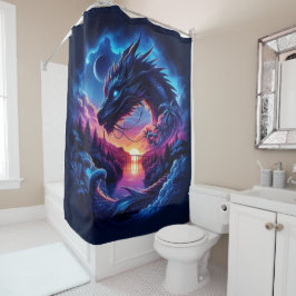 Cortina De Ducha Dragon Silhouetti contra una vibrante puesta de so