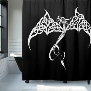 Cortina De Ducha Dragón Tribal Celta con Nudos en Negro y Blanco Fa