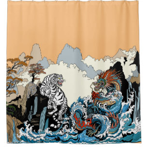 Cortina De Ducha Dragón y Tigre Blanco. Ilustracion de Insima