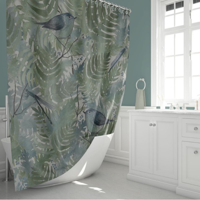 Cortina De Ducha Dragones de pájaro caprichoso botánico (Whimsical Bird Dragonflies Blue Fern Plants Floral Shower Curtain from Studio Posies.)