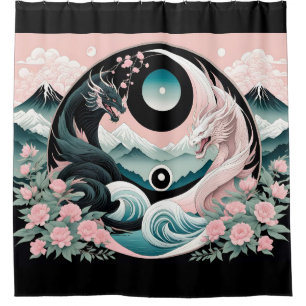 Cortina De Ducha Dragones Floral Montaña rosa Sage Verde azulado