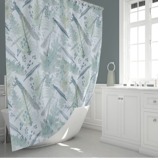 Cortina De Ducha Dragonflies Blues (Dragonflies Delicate Fern Leaves Blues Greens Shower Curtain from Studio Posies.)