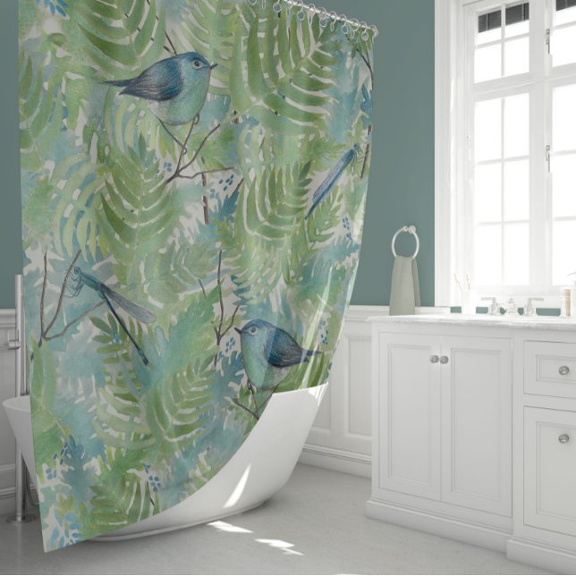 Cortina De Ducha Dragonflies de pájaro caprichoso azul botánico (Elegant Birds Dragonflies Blue Fern Plants Floral Shower Curtain from Studio Posies.)