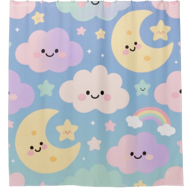 Cortina De Ducha Dream Sky Blanket, Cute Clouds, Moons & Stars (Anverso)
