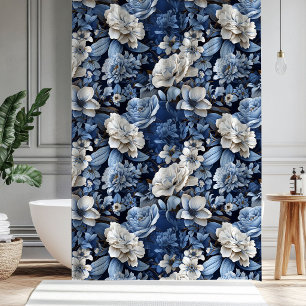 Cortina De Ducha Ducha de Baño Floral Marfil Blanco Azul Elegante