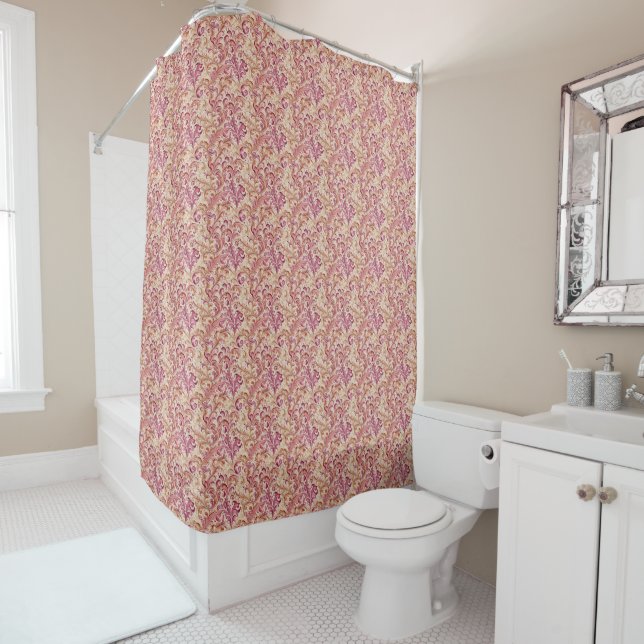 Cortina De Ducha Dusty Rosa y Taupe Leaf Scroll (In situ)