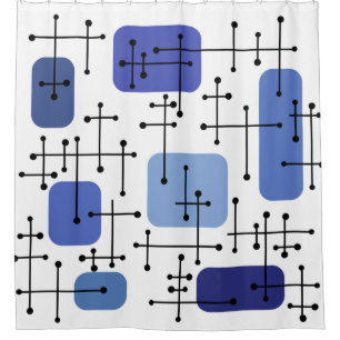 Cortina De Ducha Eames Era Art de los años 1950 cruza el azul blanc