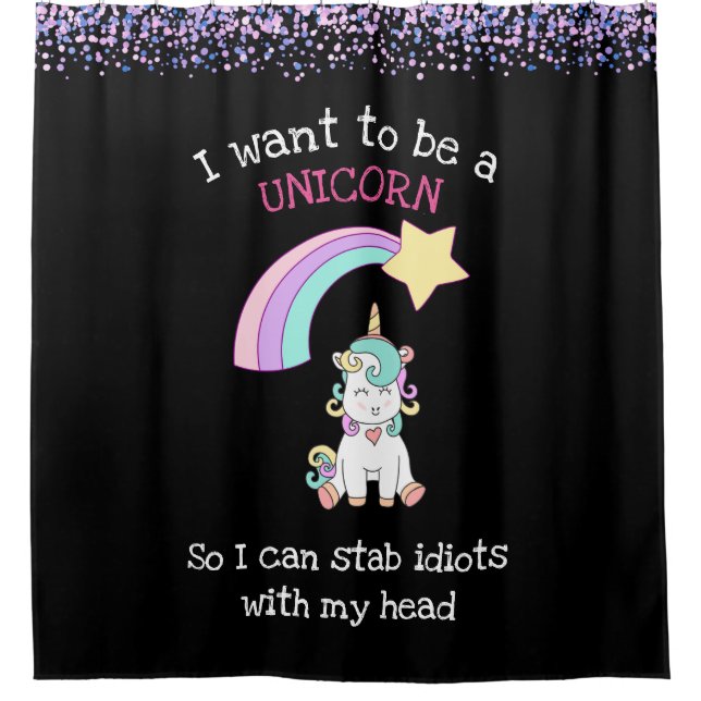 Cortina De Ducha Edgy Unicorn con arcoiris y confetti graciosos (Anverso)
