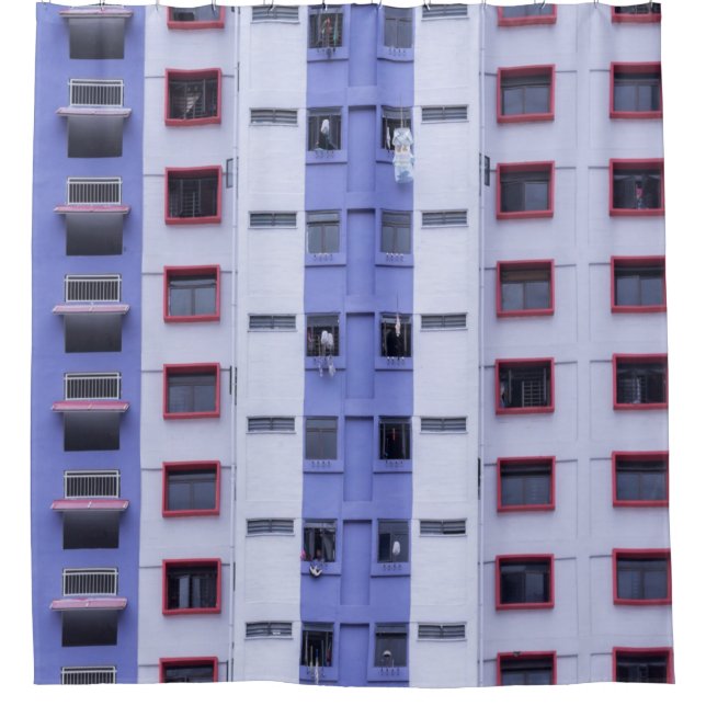 Cortina De Ducha Edificio de altura azul y blanco (Anverso)