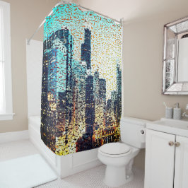 Cortina De Ducha Edificios de la ciudad azul en estilo mosaico con 