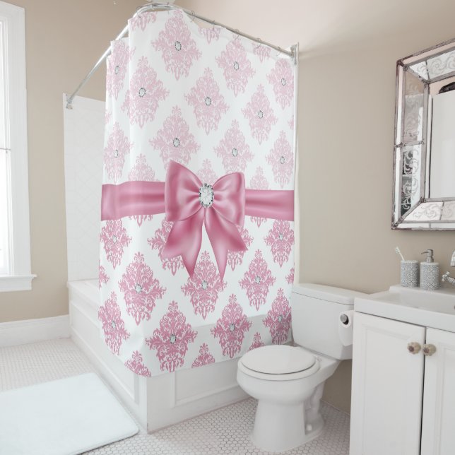 Cortina De Ducha Eelegante Glam Pink Bow Diamonds Damask (In situ)