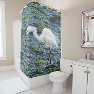 Cortina De Ducha Egret nevado con arte fractal en lago azul y verde