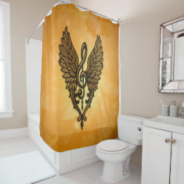 Cortina De Ducha El alma de la melodía, un armazón dorado con alas.