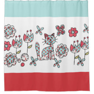 Cortina De Ducha El gato y las flores de color azul y polka rojo