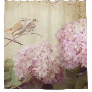 Cortina De Ducha El Hydrangea del rosa de la rama de los pájaros d