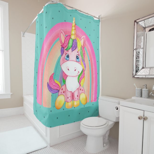 Cortina De Ducha El unicornio rosado en el verde (In situ)