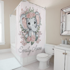Cortina De Ducha Elefante Lindo Floral Rosa Verde Nombre del Niño  