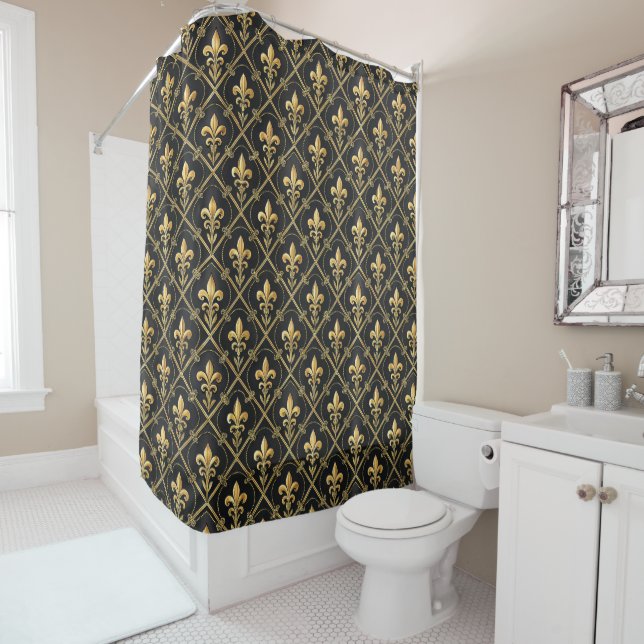Cortina De Ducha Elegant black gold gray tiled pattern  (In situ)
