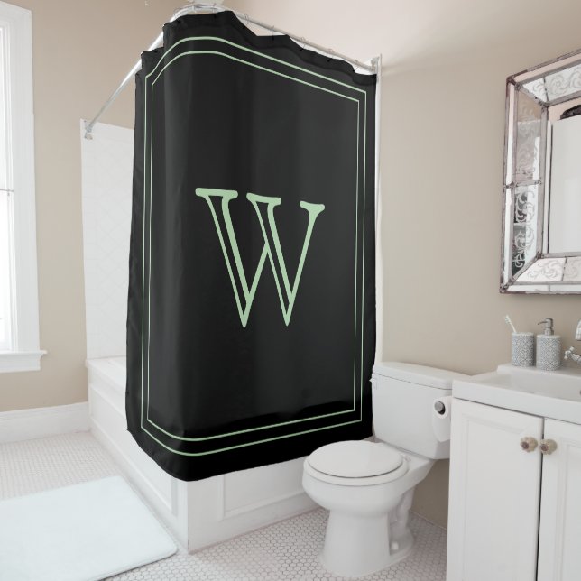 Cortina De Ducha Elegant Black &Pale Green Script Monogram  (In situ)