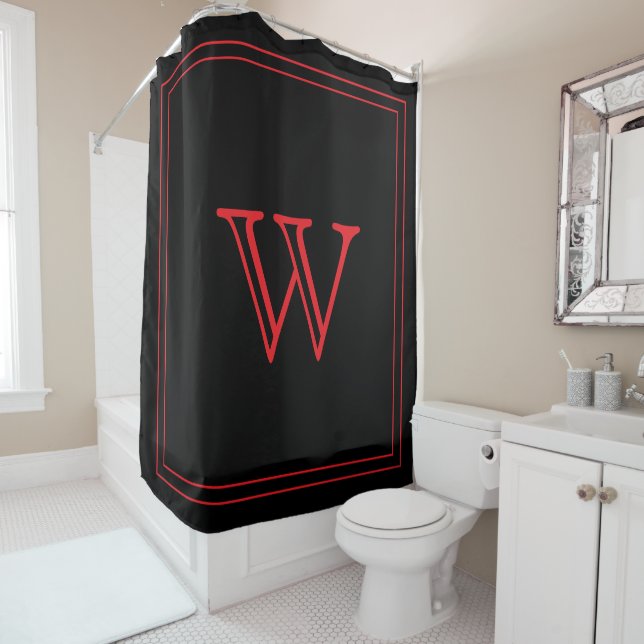 Cortina De Ducha Elegant Black &Red Script Monogram  (In situ)