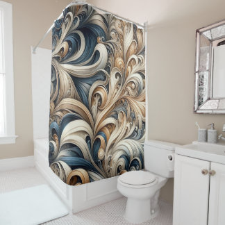 Cortina De Ducha Elegant Blue Beige Baroque Swirl Pattern