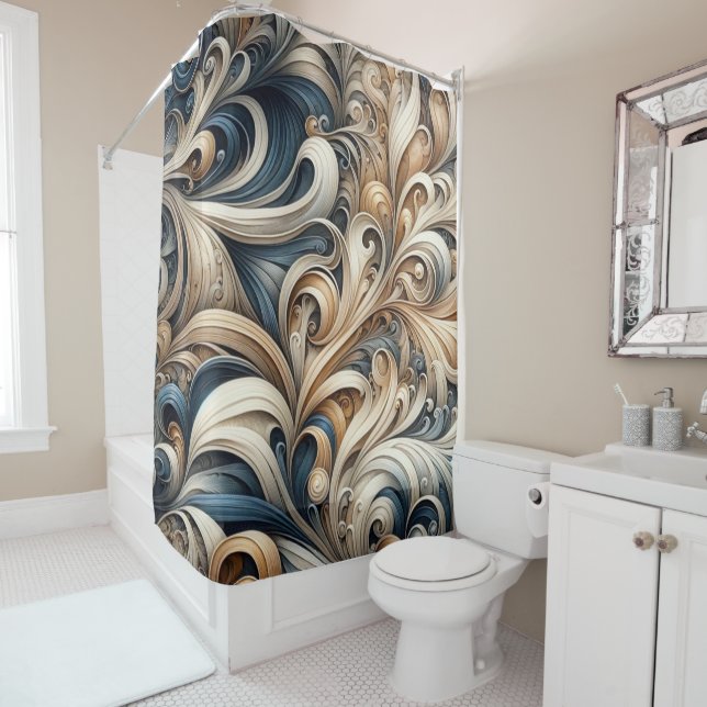 Cortina De Ducha Elegant Blue Beige Baroque Swirl Pattern (In situ)