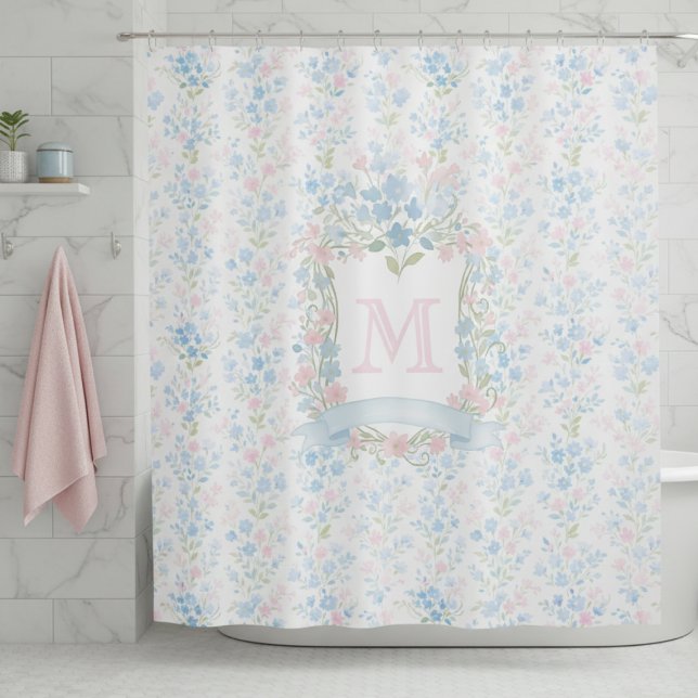 Cortina De Ducha Elegant Floral Monogram (elegant vintage grandmillennial pastel pink and blue flowers shower curtain with custom initial)