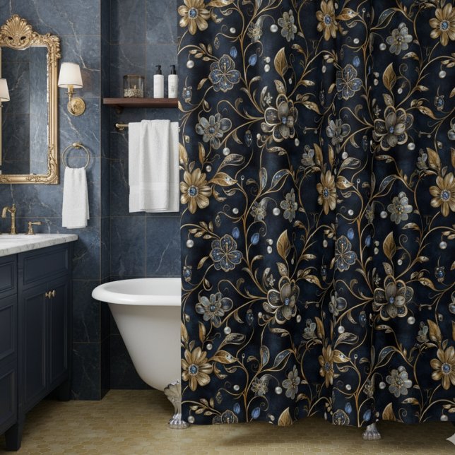 Cortina De Ducha Elegant Luxe Midnight Floral (luxe elegant vintage navy gold floral shower curtain with maximalist bejeweled metallic flowers)