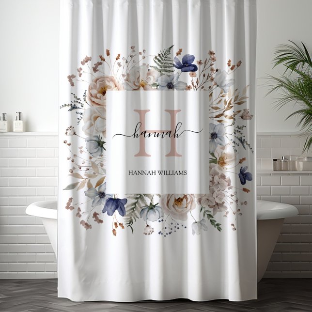 Cortina De Ducha Elegant Monogram Pretty Beige Blue Flowers Floral (In situ)