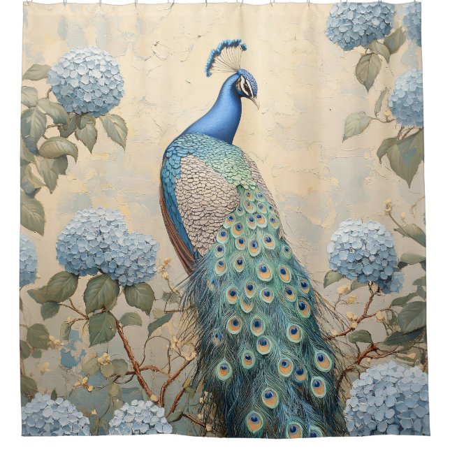 Cortina De Ducha Elegant Peacock with Blue Hydrangeas Oil Painting (Anverso)