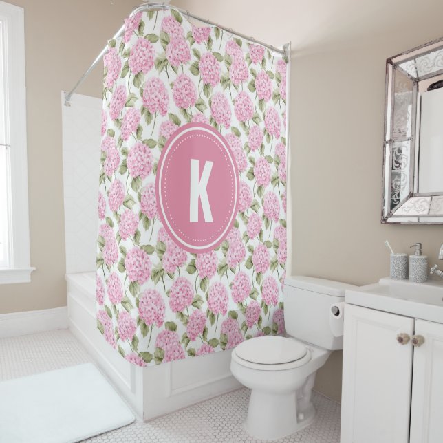 Cortina De Ducha Elegant Pink Hydragea Flowers Pattern Monogram (In situ)