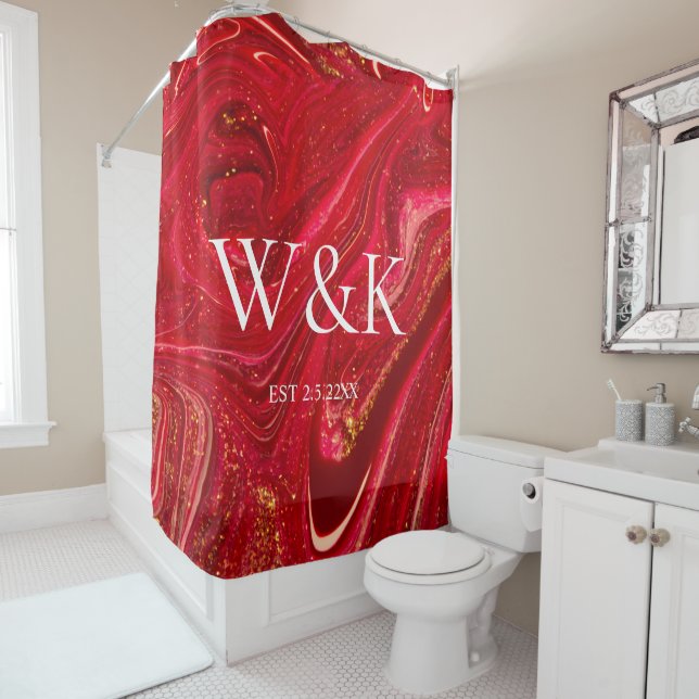 Cortina De Ducha Elegant Red Glitter Initial Wedding Couple  (In situ)