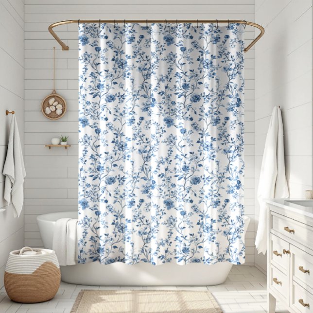 Cortina De Ducha Elegant Toile Floral Pattern Blue and White (Elegant toile de jouy blue and white botanical pattern - a touch of class for your bathroom!)