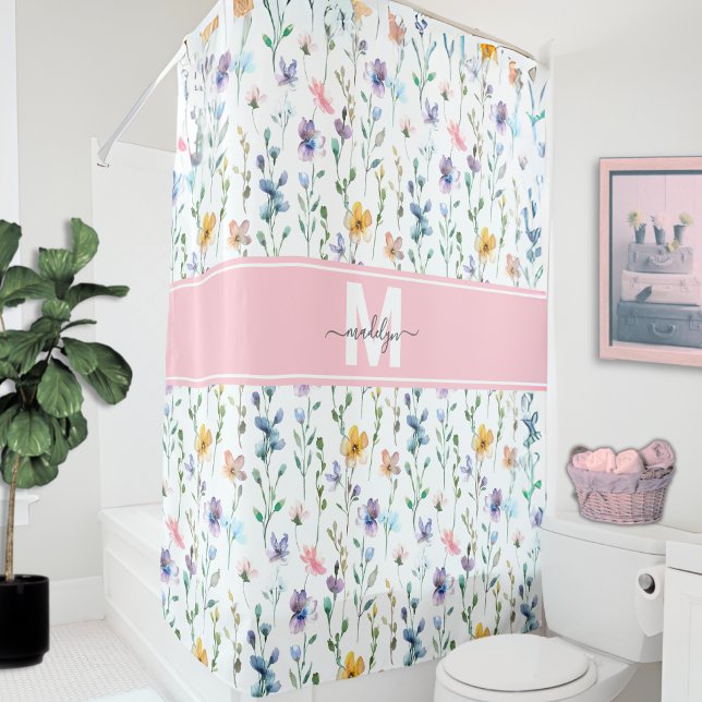 Cortina De Ducha Elegant Wildflower Monogram (Elegant Wildflower Script Monogram Shower Curtain)