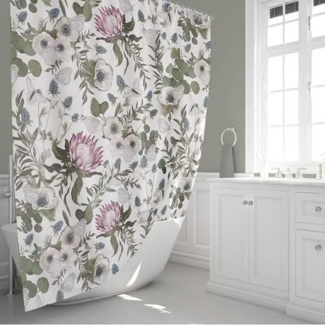 Cortina De Ducha Elegante acuarela floral (Romantic Floral Elegance Protea Anemones Thistles Shower Curtain from Studio Posies.)
