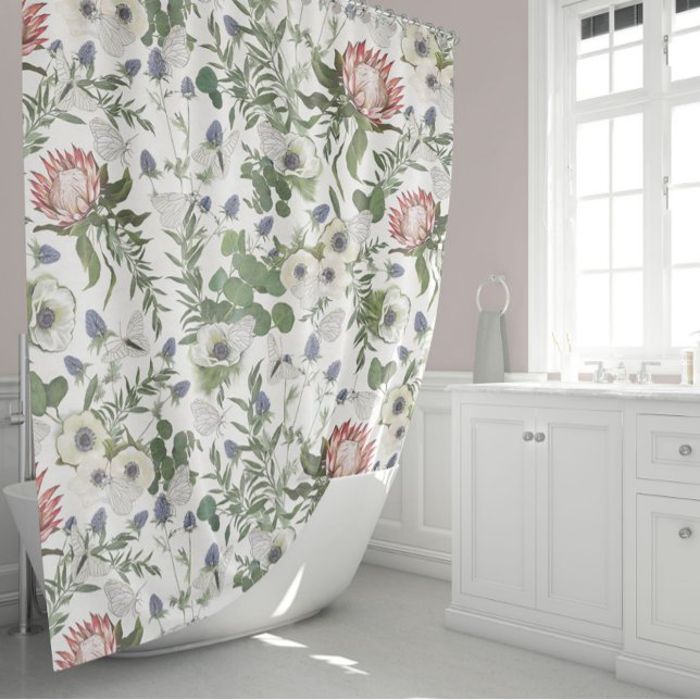 Cortina De Ducha Elegante acuarela floral (Romantic Floral Elegance Protea Anemones Thistle Shower Curtain from Studio Posies. )