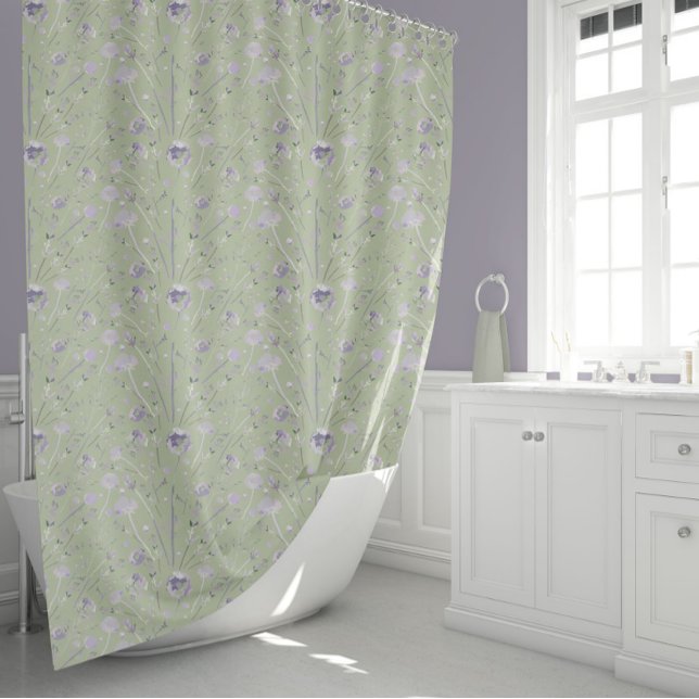 Cortina De Ducha Elegante acuarela floral verde (Elegant Watercolor Sage Green Purple Floral Shower Curtain from Studio Posies.)