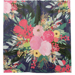 Cortina De Ducha Elegante Astral Winter Floral & Gold Dots