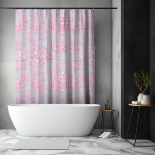 Cortina De Ducha Elegante azul vintage rosa Toile de Jouy floral