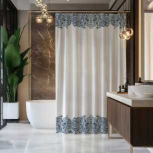 Cortina De Ducha Elegante azul y blanco vintage paisley raya