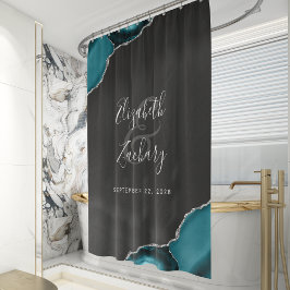 Cortina De Ducha Elegante boda de recién casados Agata Teal Plata
