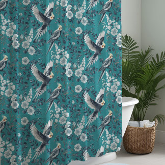 Cortina De Ducha Elegante Chinoiserie Cacatúas Flores Teal