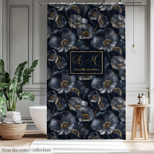 Cortina De Ducha Elegante decoración de baño floral en azul marino 