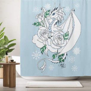 Cortina De Ducha Elegante Dragón de Hielo Blanco Rosas Azules Fanta